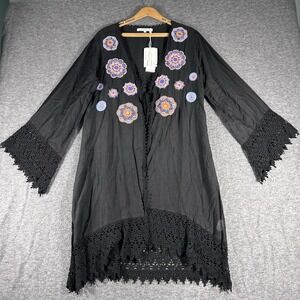 Women's Embroidered Sheer Silk Blend Kimono Cover-Up Size L Boho Beach Resort